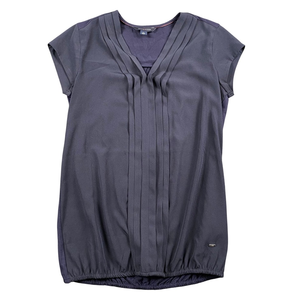 Tommy Hilfiger Womens Navy Blue Pleated V-Neck Bubble Hem Blouse XS Short Sleeve
